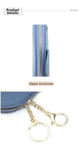 Macro view of blue litchi pattern leather coin purse with golden zipper and key ring