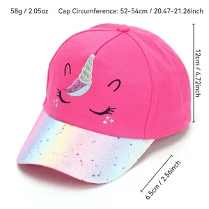 Kids unicorn baseball cap in rose pink with rainbow glitter brim and 3D horn detail