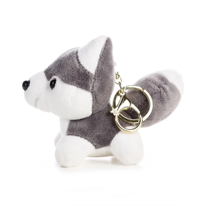 Plush husky dog keychain with soft grey and white fur and gold metal ring on white background