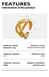 Detail view of 18K gold plated stainless steel ring showing 3g weight and 1.7cm diameter