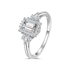 925 Sterling Silver Emerald Cut Moissanite Flower Engagement Ring on White Background