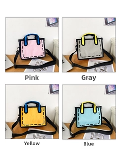 2D cartoon style canvas tote bags shown in four colors with thick black outlines