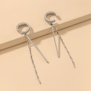 Silver C-shape zircon ear cuffs with long tassel drop chains for non-pierced ears