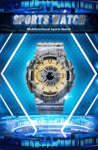 Macro detail of dual-display digital sports watch with grey camouflage and LED backlight