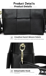 Detail of woven leather crossbody bag with golden metal hook and wide shoulder strap