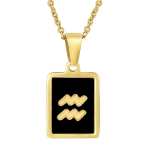 Macro shot of 18K gold stainless steel necklace with black Aquarius zodiac pendant