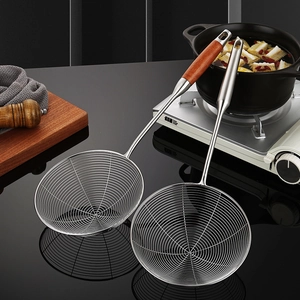 304 stainless steel spider strainer with wooden handle for kitchen frying and cooking