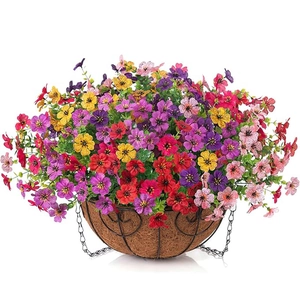 Close-up of artificial violet hanging basket with coconut fiber liner and metal chain