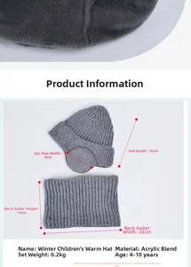 Detail showing acrylic blend knit hat and neck warmer dimensions for 4-10 year olds
