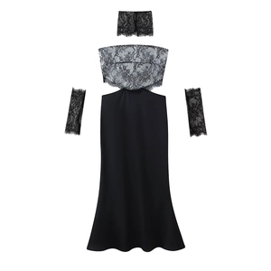Elegant black lace patchwork satin strapless dress with choker and sleeves set