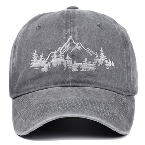 Dark grey washed cotton baseball cap with detailed mountain forest embroidery