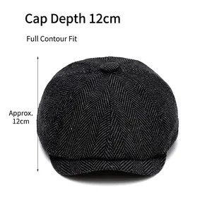 British retro dark grey herringbone tweed newsboy cap with 12cm deep crown design