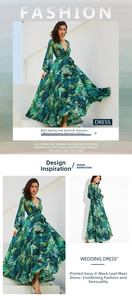 Détail d'une robe à imprimé feuilles tropicales avec col en V sexy et manches lanternes