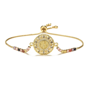 Vergoldetes Armband mit Guadalupe-Jungfrau, bunten Zirkonia und verstellbarer Kette