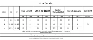 Tableau des tailles pour ensemble de lingerie en dentelle montrant les mesures S, M, L