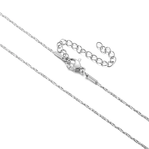Detail of silver textured steel chain with lobster clasp and adjustable link chain