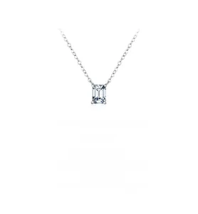 Detailed view of emerald cut 1ct moissanite pendant on sterling silver chain necklace