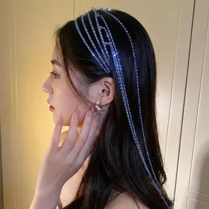 Elegant palace style blue rhinestone tassel headband with long sparkling crystal chains