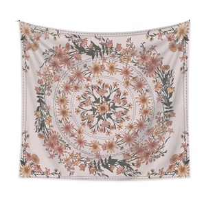 Pink and orange floral mandala tapestry for bohemian wall decoration on white background