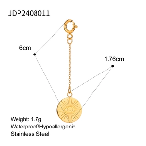 Detail of 18k gold stainless steel evil eye pendant with 6cm length dimensions