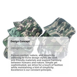 Macro shot of assorted camouflage sun bucket hats in various patterns and colors