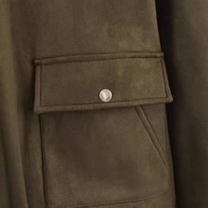 Deep olive faux suede jacket for women featuring detailed flap pocket with metal button