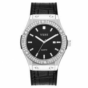 Classic silver quartz watch with diamond bezel and black leather strap for women