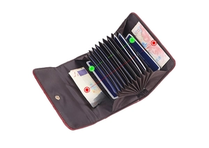 Internal view of burgundy accordion card holder featuring multiple slots and bill compartment