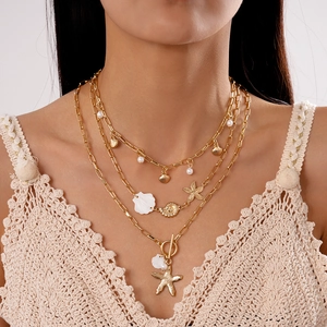Multi Layer Necklace Alloy Imitation Artificial Pearl Shell Starfish Conch Pendant Toggle Clasp Beach Vacation Style For Women
