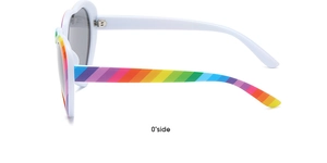 Side view of white heart-shaped sunglasses featuring unique colorful rainbow temples