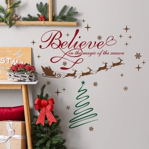 Detailed wall sticker featuring 'Believe' text with Santa sleigh and reindeer motifs
