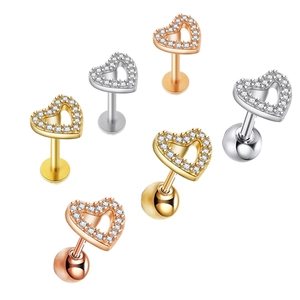Heart Stud Earrings Stainless Steel Post Copper Pave Zircon Cartilage Tragus Piercing Jewelry Delicate For Women