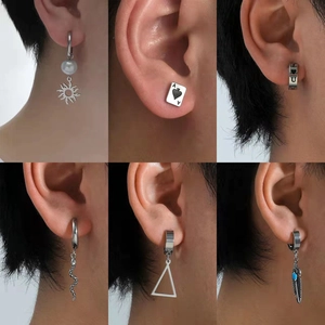 Stainless Steel Stud Hoop Earrings For Men Minimalist Punk Snake Triangle Poker Spade A Feather Sun Design Jewelry