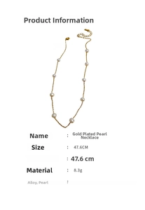 Detail of 47.6cm gold-plated pearl necklace showing length and 8.3g weight specs