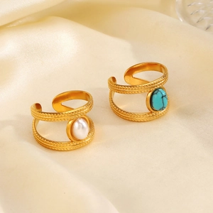 Minimalist gold double layer open rings with turquoise and pearl on beige silk