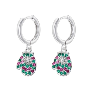 Detailed view of silver Christmas glove earrings with red and green gemstone accents