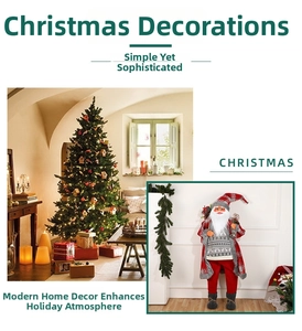 Detailed view of standing Santa Claus figure in a red plaid coat with festive gift bag