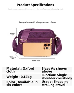 Detailed size chart of Oxford fabric crossbody bag with mobile phone comparison