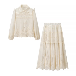 French style cream white lace hollow embroidered two-piece shirt and long skirt set