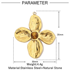 Detail of 35x30mm gold stainless steel flower pendant with brown tiger eye stone
