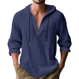 Detail of navy blue linen hoodie with henley neck, wooden buttons and drawstring