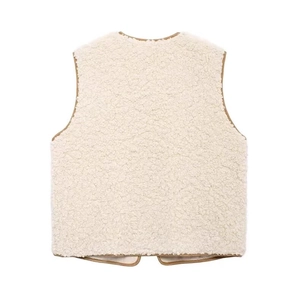 Back view of cream sherpa fleece vest with tan piping trim for casual winter wear
