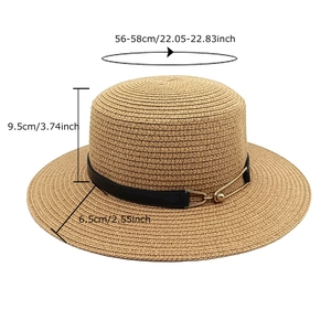 Flat top straw boater hat with black leather band and gold buckle for women