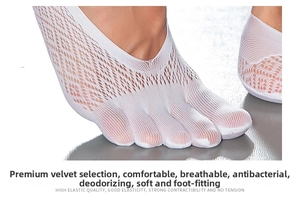 Close-up of white five-toe invisible socks in breathable velvet mesh with diamond texture