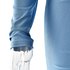 Detail of blue ribbed knit dress showing sleeve double-stitching and fabric texture