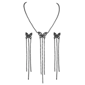 Elegant black butterfly necklace and tassel earrings set with sparkling rhinestones