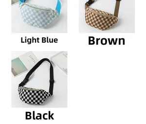 Checkboard waist bags in light blue, brown and black with adjustable straps