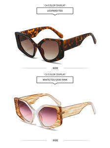Detail view of irregular leopard and white tea cat-eye sunglasses with gradient lenses