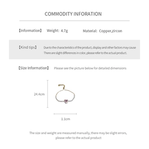 Detailed view of heart zircon bracelet dimensions in gold copper finish with 4.7g weight