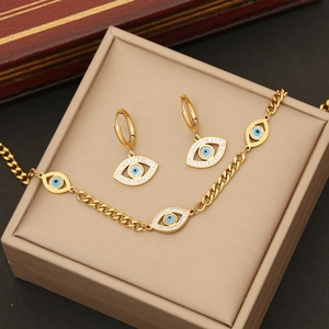 Evil Eye Necklace Earring Bracelet Jewelry Stainless Steel Gold Plated Rhinestone For Women Fashion Trendy